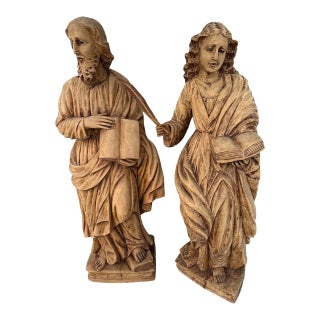 Antique Italian Hand Carved Wood Sculptures- A Pair For Sale