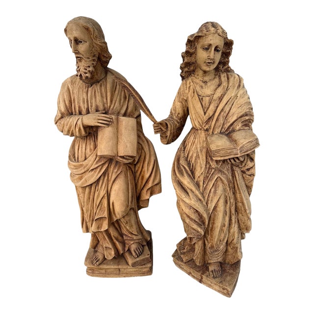 Antique Italian Hand Carved Wood Sculptures- A Pair For Sale