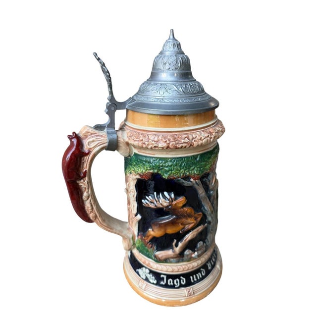 Large 2l German Stein With Hunter, Stag, and Squirrel Handle For Sale In Aspen - Image 6 of 11