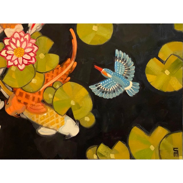 Contemporary Koi Pond Kingfisher Original Oil Painting Stephen McDonough For Sale - Image 3 of 4