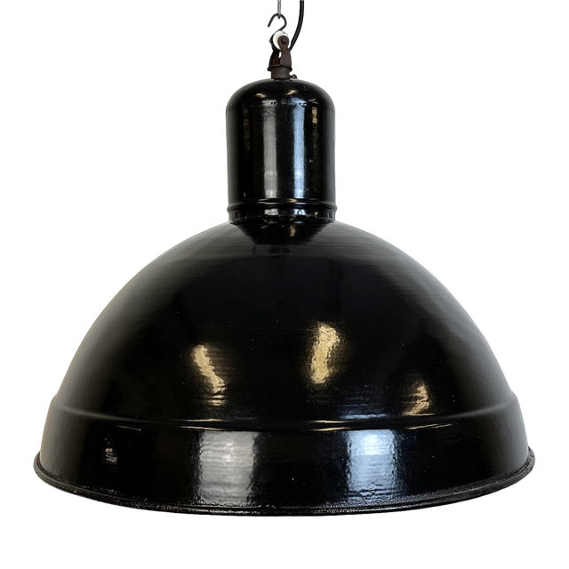Industrial Black Enamel Factory Pendant Lamp, 1950s For Sale