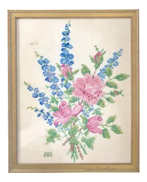 Antique Framed Floral Bouquet Embroidered Cross Stitch