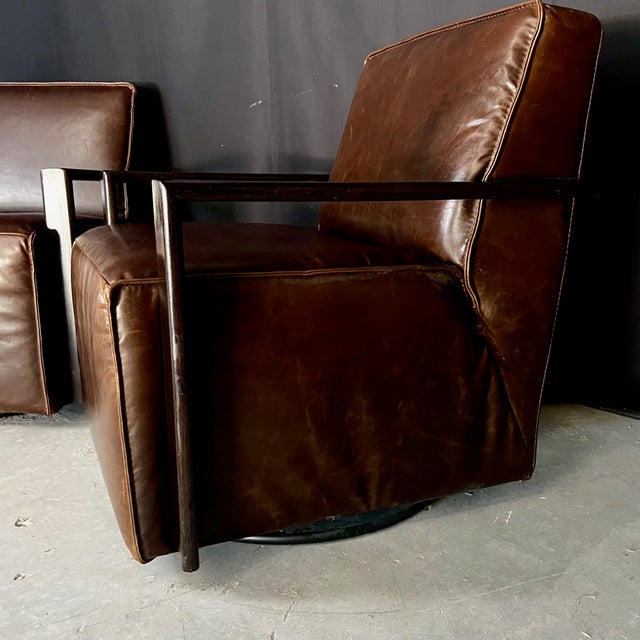 Wood Italian Leather Midcentury Modern Style Swivel Club Armchairs -A Pair For Sale - Image 7 of 12