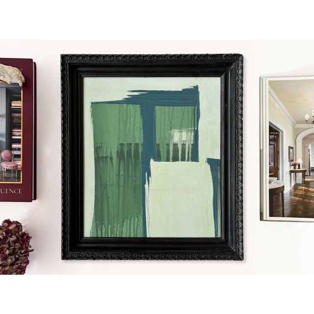 “Serenity Pines" Green Abstract Art in Vintage Frame, Transitional Living Room Art by JTS For Sale - Image 4 of 10
