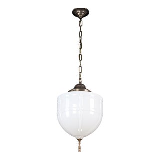 1910s Schoolhouse Milk Glass Brass Chain Pendant Light For Sale