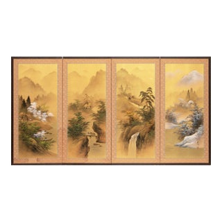 "Four Seasons", 1960s Showa Era Japanese Painted Silk Byobu Screen For Sale