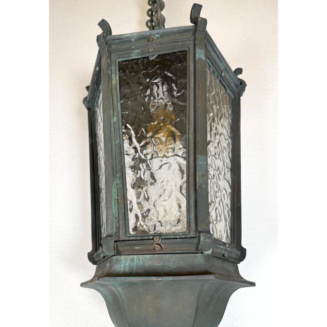 Verdigris Antique Traditional Bronze Wavy Glass Pendant Light For Sale - Image 8 of 11