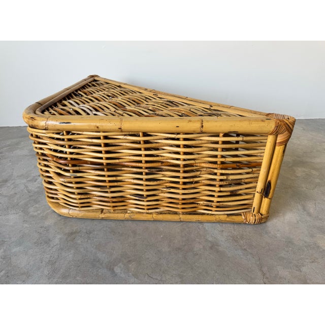 1980s Vintage Coastal Rattan Triangular Coffee Table With Glass Top/ Sold For Sale - Image 5 of 12