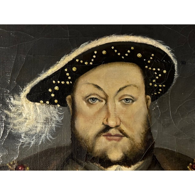 Wood Huge English Oil Painting Portrait Tudor Royal King Henry VIII After Hans Holbein For Sale - Image 7 of 12