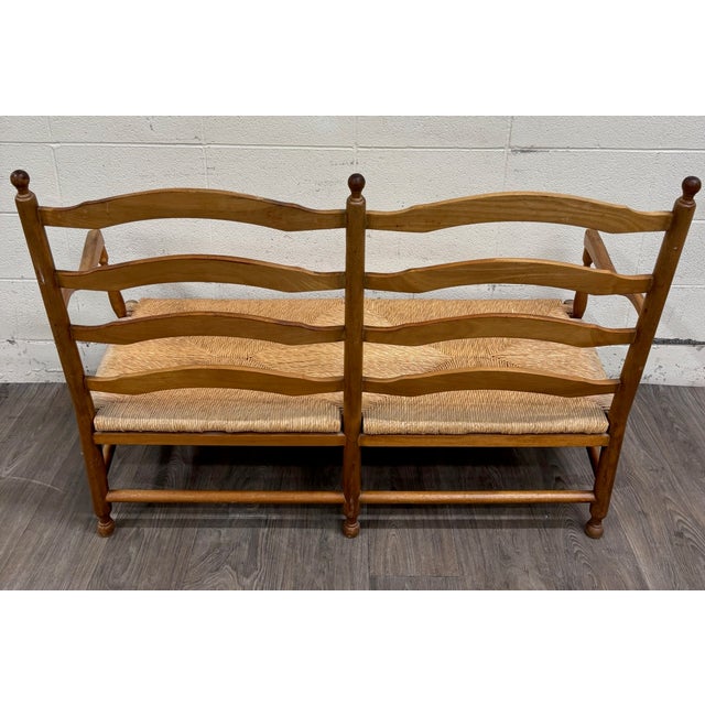 Vintage Country French Double Seat Ladder Back Rush Seat Bench Loveseat Settee For Sale - Image 16 of 16