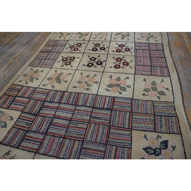 Remarkable Beige Color With Geometric and Floral Design Vintage American Hooked Rug For Sale - Image 11 of 15