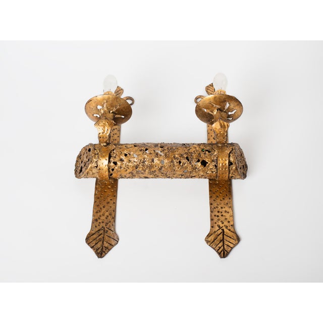 Gothic 1960s Mid-Century Modern Spanish Brutalist Gilt Iron Wall Sconce, Pierced Torch Candle Light For Sale - Image 3 of 8