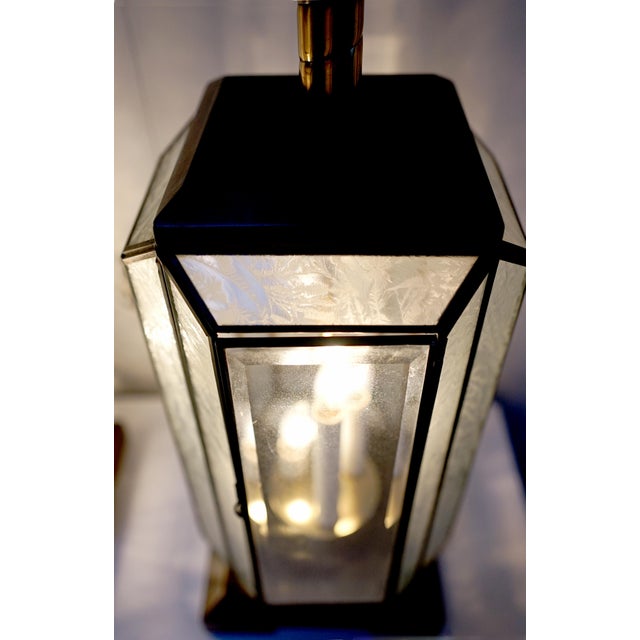 1960s Art Deco Style Mid Century Etched Glass Lead Table Lantern Lamp - set of 2 For Sale - Image 9 of 10