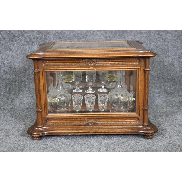 Late 19th Century Rare Walnut Case French Etched Glass 18-piece decanter and Cordial Tantalus Set - 18 Pieces For Sale - Image 5 of 11