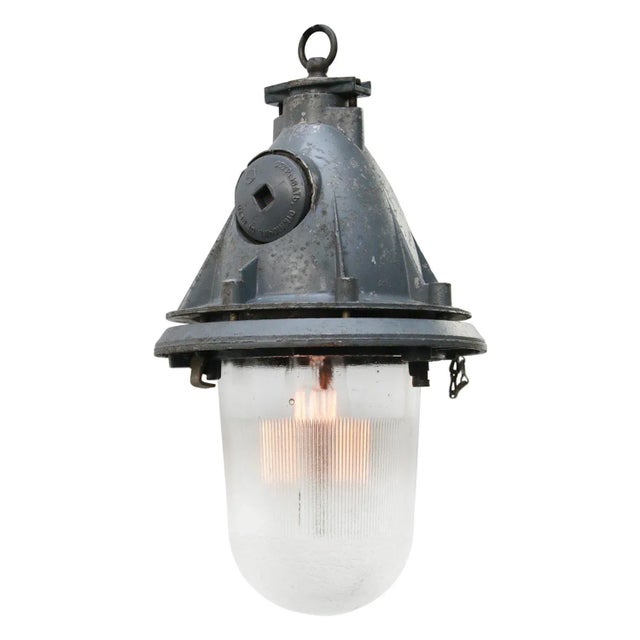 1970s Vintage Industrial Clear Striped Glass & Gray Pendant Light For Sale - Image 5 of 6