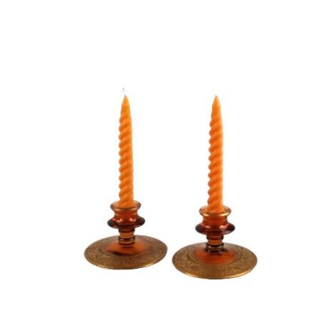 Vintage Fostoria amber glass and gold candle holders circa 1930's, made in USA. Beautiful pair, intricate gold rim. Good...