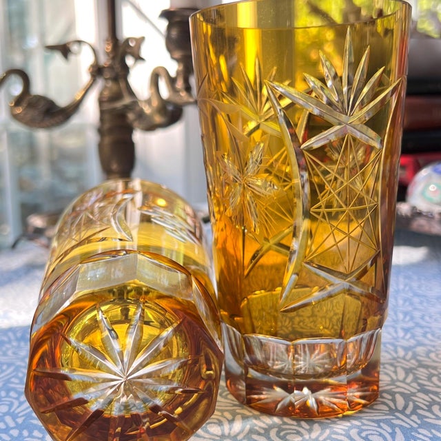 1960s 1960s Set of 6 multicolor cut to clear highball glasses attributed to Val St Lambert // cut crystal // midcentury glassware // elegant barware For Sale - Image 5 of 10
