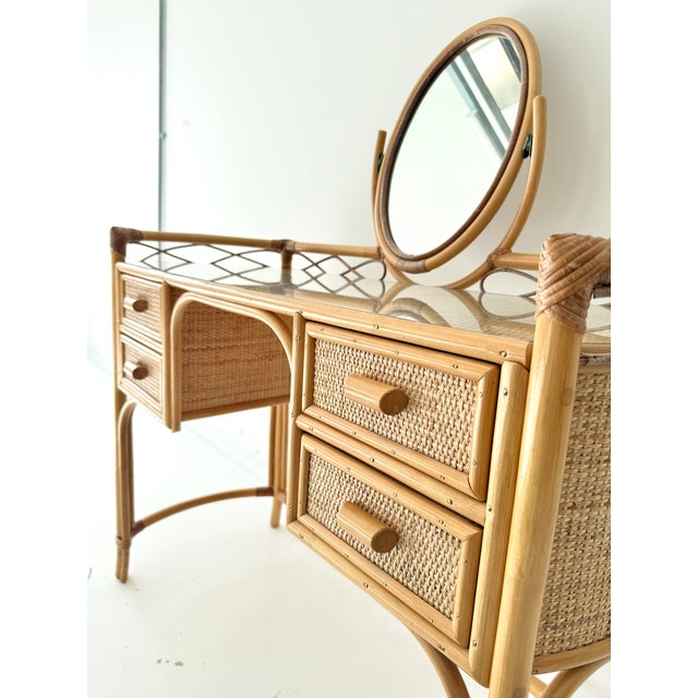 Wood Vintage Glass Top Wicker Bamboo Dressing Table with Mirror by Angraves of Leicester, 1970s For Sale - Image 7 of 14