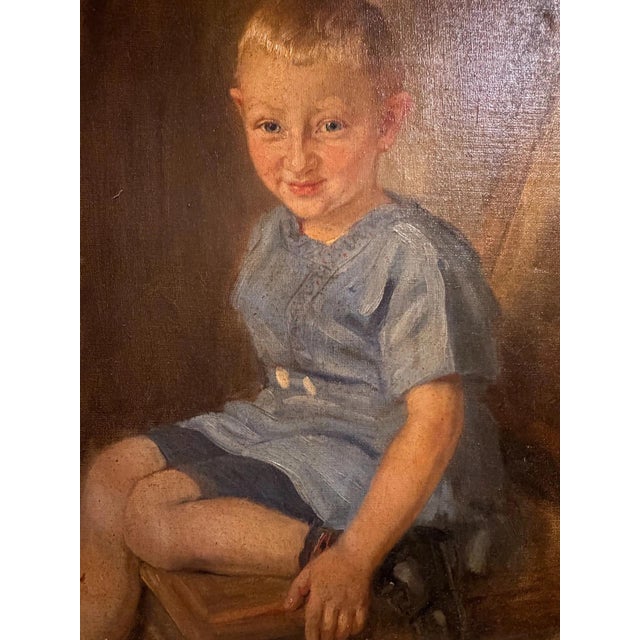 Piet Hein Eek Heinrich Pforr, Childhood Study: Seated Boy in a Blue Smock, 1924, Oil on Canvas For Sale - Image 4 of 11