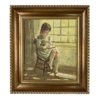 "Needle Work" Young Girl by the Window Original Oil on Linen by Helen Rayburn Caswell For Sale