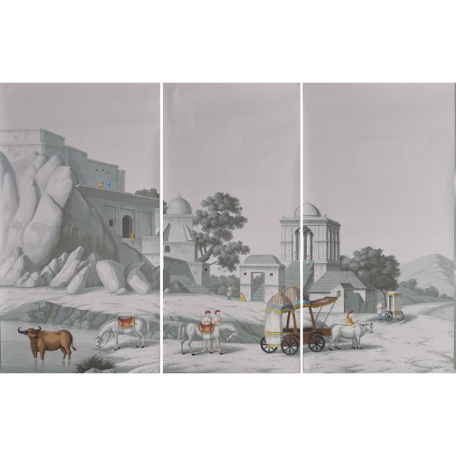 Hand-Painted Indian Mughal Style Panoramic Wallpaper, 3-Panel Set, Unframed For Sale