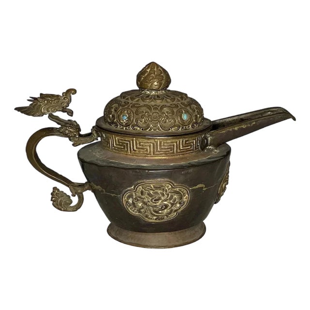 Antique Chinese Tibetan Dragon Teapot: Mixed Metals, Turquoise Jewels For Sale