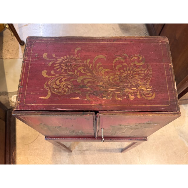 Wood 19th Century Red Chinoiserie Painted Cabinet on Stand For Sale - Image 7 of 13