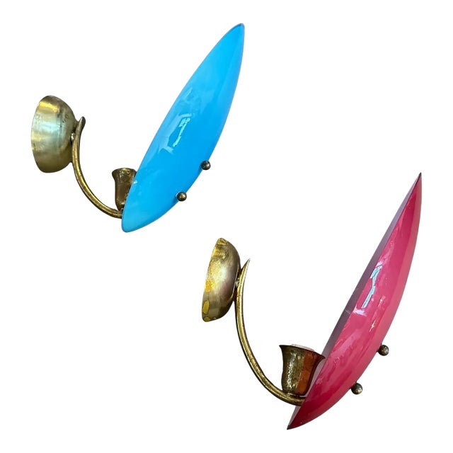 Two 1950s Mid-Century Modern Brass and Opaline Glass Italian Wall Sconces For Sale