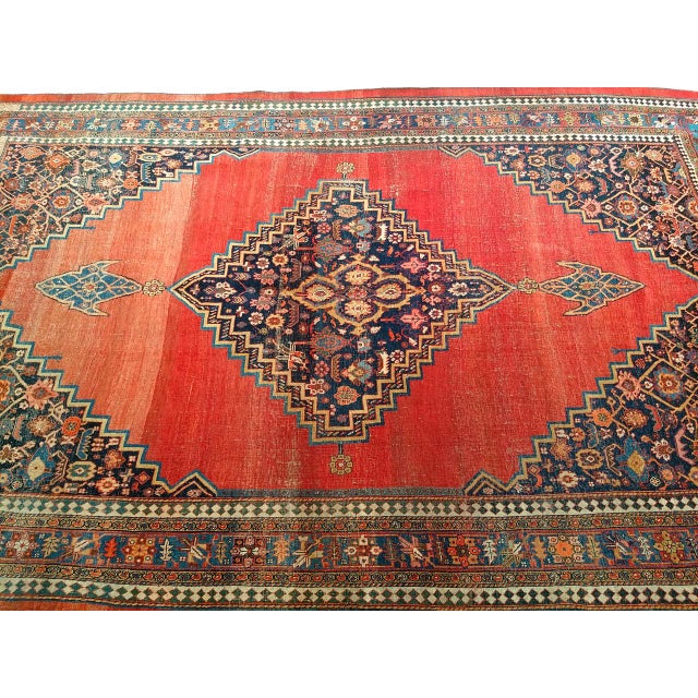 19th Century Persian Bidjar Rug, Hand-Knotted Wool, Geometric Pattern, Red & French Blue, 8x12 For Sale - Image 9 of 11