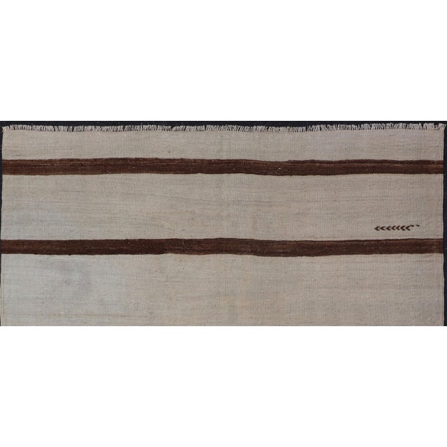 Ivory Ground Vintage Turkish Kilim Rug With Brown Stripes Wool Design For Sale - Image 9 of 11