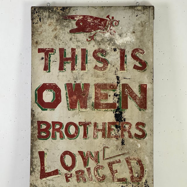 Early 20th Century Salvaged Early 20th Century Antique Wood Trade Sign Advertising "Owen Brothers Clothing House", Hand Painted For Sale - Image 5 of 13