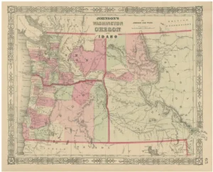 Hand-Colored Map of Washington, Oregon and Idaho from Johnson's, 1864