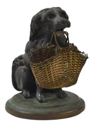 19th Century Bronze and Brass Spaniel Dog With Gold Wirework Market Basket