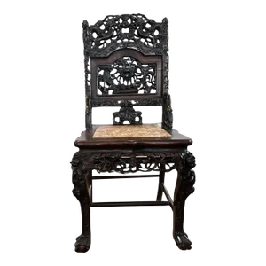 Qing Dynasty 19th Century Carved Chinese Rosewood Chair With Stone Seat