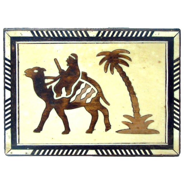 Handsome Moroccan box featuring an oasis scene with camel and palm tree. Perfect in an entry to collect keys or other...