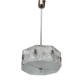 Czechoslovak Cut Glass and Chrome Pendant Light from Kamenický Šenov, 1970s For Sale