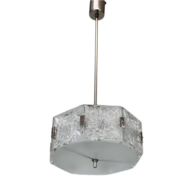 Czechoslovak Cut Glass and Chrome Pendant Light from Kamenický Šenov, 1970s For Sale