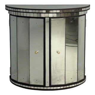 Hollywood Regency Style, Distressed Glass, Mirrored Demilune Cabinet For Sale