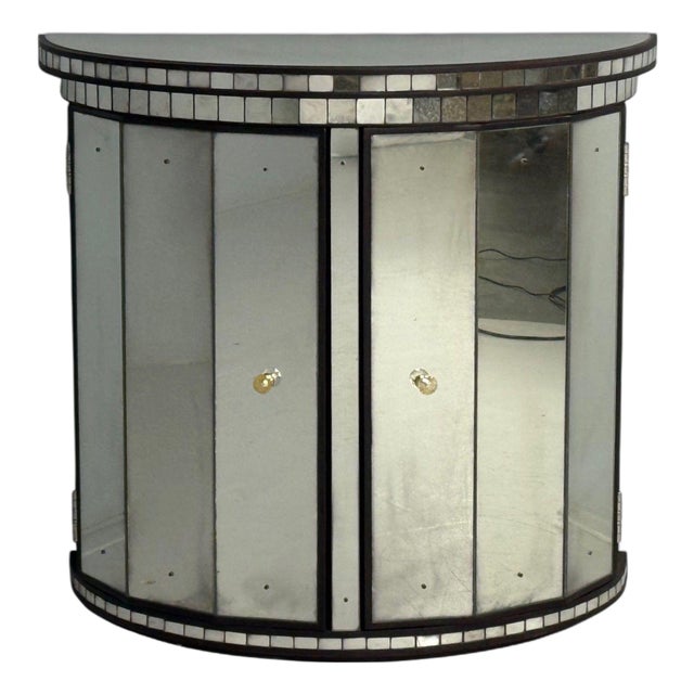 Hollywood Regency Style, Distressed Glass, Mirrored Demilune Cabinet For Sale