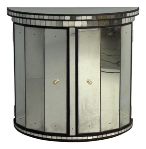 Hollywood Regency Style, Distressed Glass, Mirrored Demilune Cabinet