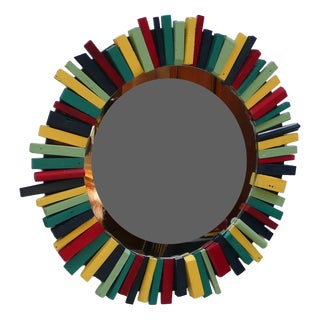 Wall Mirror Round with Colorful Rustic Wooden Frame, 1960s For Sale