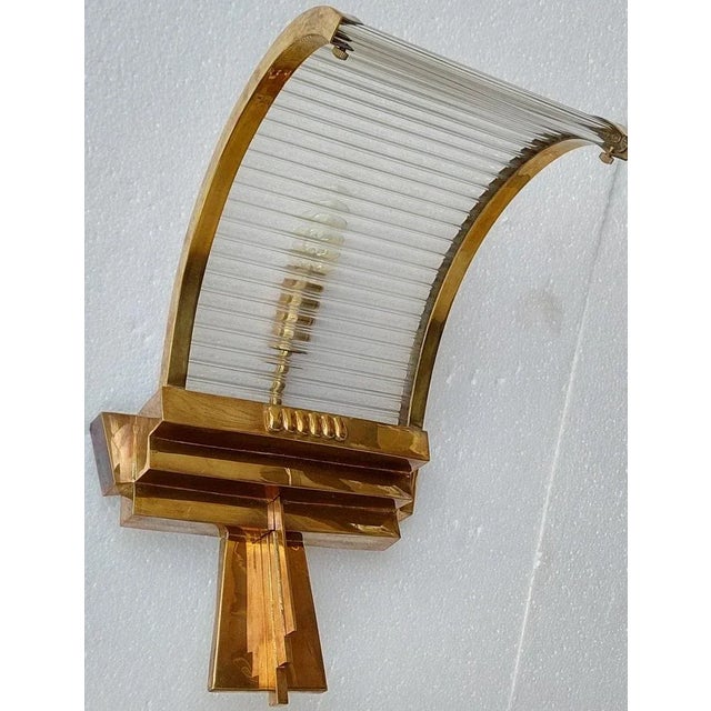 Vintage Art Deco Skyscraper Wall Sconces Fixture in Brass & Glass For Sale - Image 4 of 7