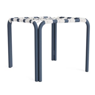 Brown Jordan Kantan Aluminum Stacking Stool/Occasional Table in Sapphire with White Suncloth Strapping For Sale