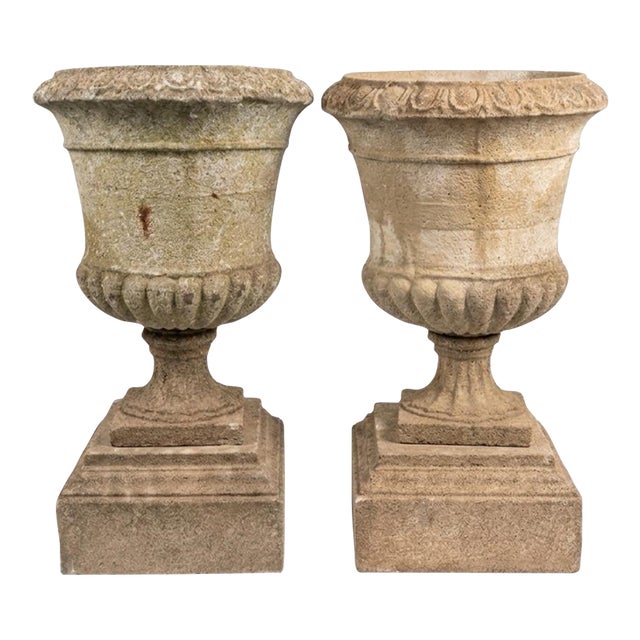 Pair of Neoclassical Style Weathered Cast Stone Campana Urns on Pedestals For Sale
