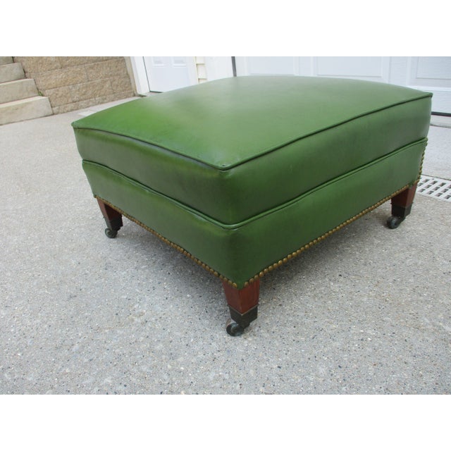 1950s 50s Square Olive Green Vinyl Footstool Brass Tacks and Casters For Sale - Image 5 of 11