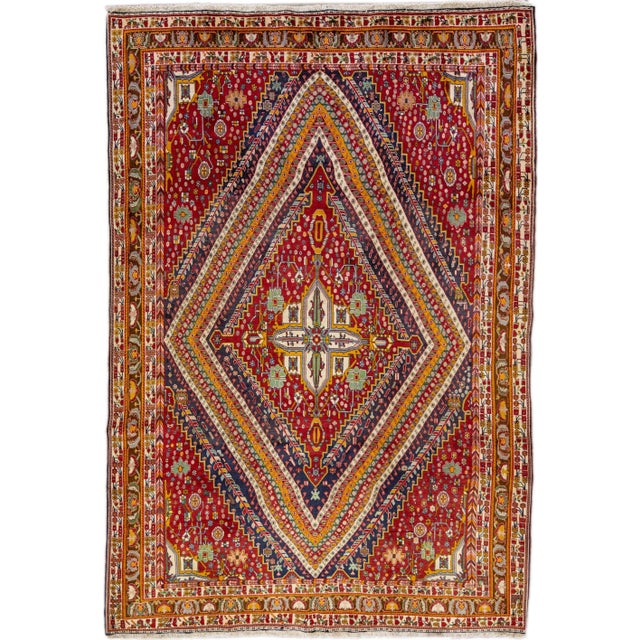 Vintage Handmade Shiraz Red Geometric Wool Rug 6'10" X 10'1" For Sale - Image 10 of 10