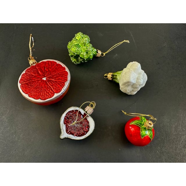 Hang this set of vintage glass fruit and vegetable ornaments on your Christmas tree or display them in a crystal bowl as...