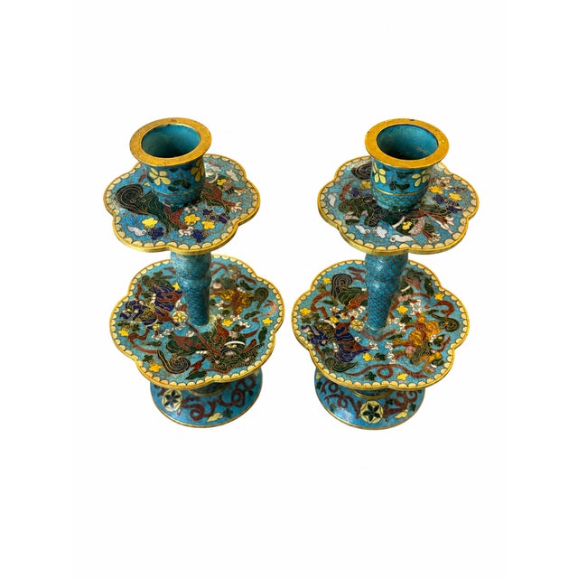 Pair of Vintage Chinese Cloisonné Enamel Candlesticks With Dragon Motif For Sale In San Diego - Image 6 of 6