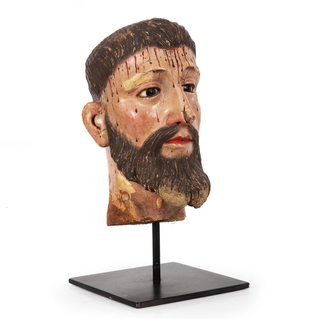 POLYCHROME CARVED HEAD OF CHRIST FROM A PASSION FIGURE Probably Spain, circa late 17th to early 18th century 13 1/8" H x 6...