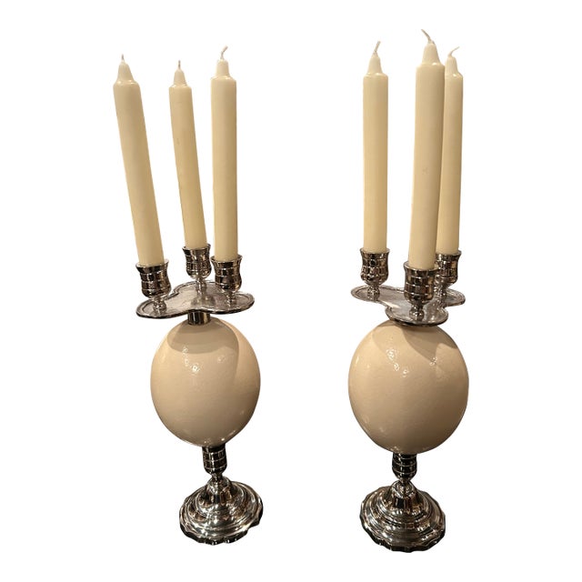 Silver Plate & Ostrich Egg Candlesticks -a Pair For Sale